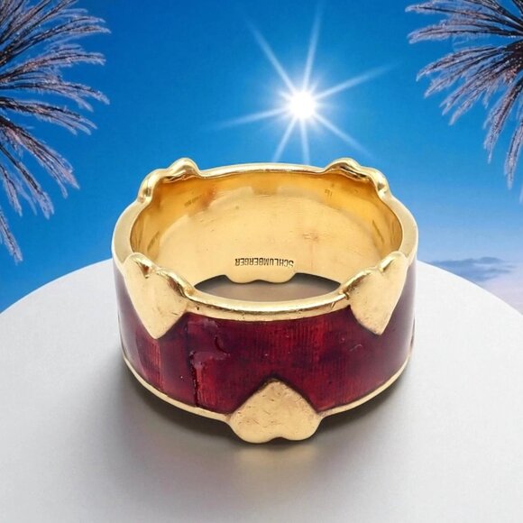 Tiffany & Co Schlumberger 18k Yellow Gold Red Enamel Heart Band Ring sz 6 - Picture 2 of 12